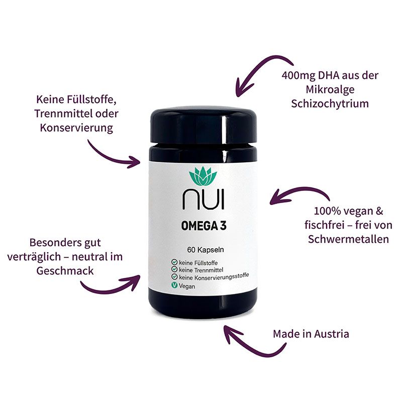 Dunkelblaue Dose NUI Omega 3. Pfeile zeigen auf: 400mg DHA, vegan, ohne Schwermetalle, Made in Austria.