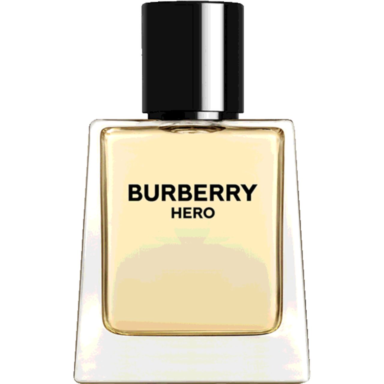 Burberry Hero Eau de Toilette Flakon. Quadratische Form, transparente Basis, schwarzer Deckel. Schriftzug Burberry Hero.