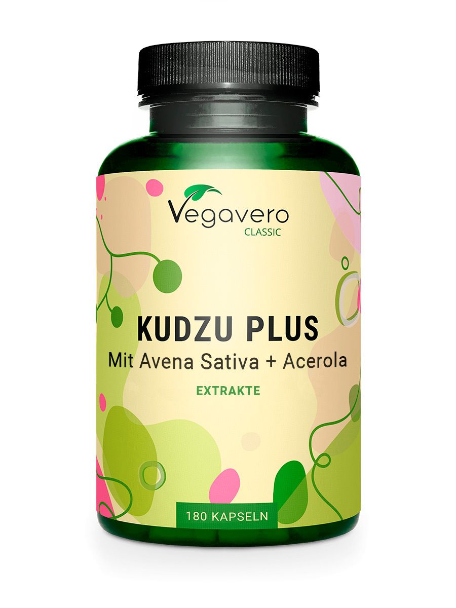 Grüne Flasche mit schwarzen Deckel. Aufschrift: Vegavaro Classic, Kudzu Plus, Mit Avena Sativa + Acerola Extrakte. 180 Kapseln.