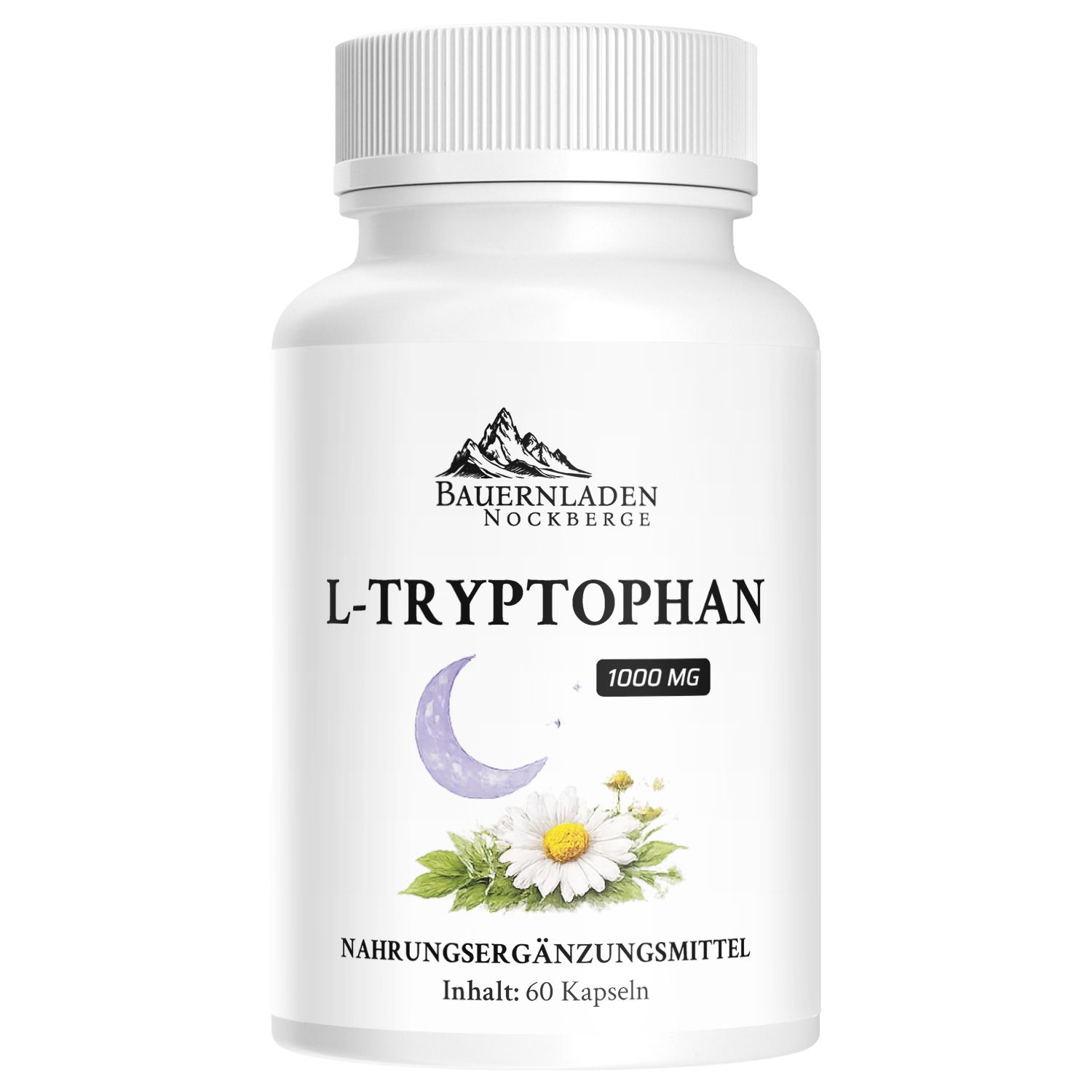 Weiße Kapsel mit L-Tryptophan 1000 mg, 60 Kapseln. Berg- und Mondlogo. Nahrungsergänzungsmittel.