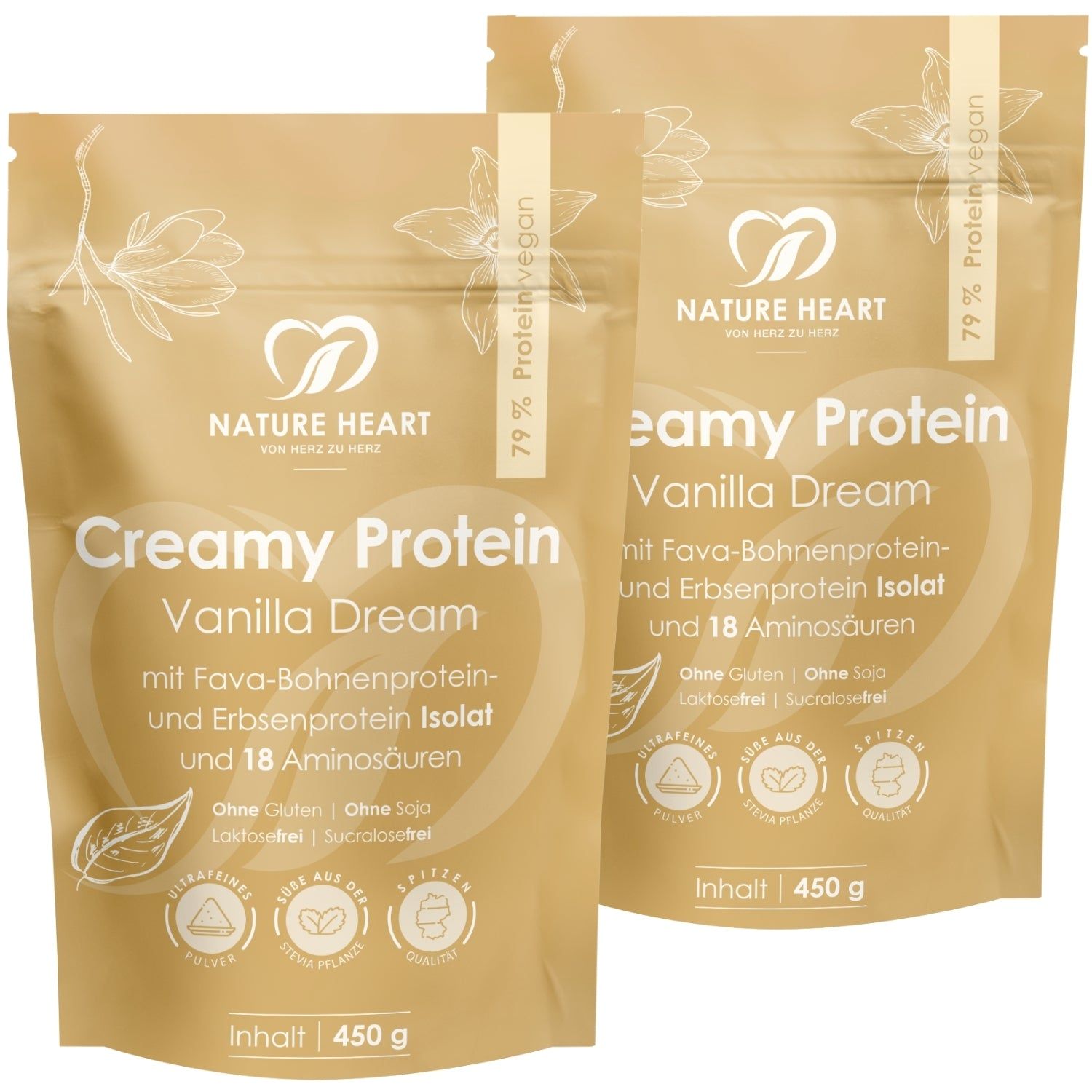 Zwei Packungen Nature Heart Creamy Protein Vanilla Dream, je 450g. Enthält Fava-Bohnenprotein und Erbsenprotein.
