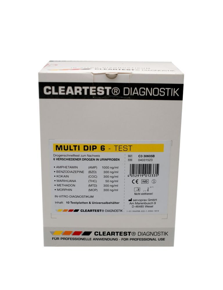 Verpackung von Cleartest Multi Dip 6 Test. Weißer Karton mit Produktinformationen und dem Logo Cleartest Diagnostik.
