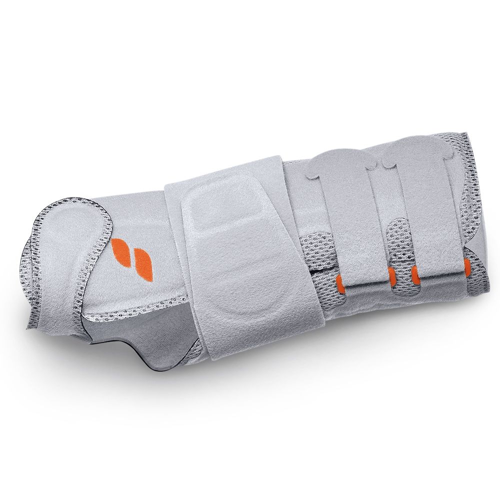 Graue Handgelenkbandage, von der Seite gezeigt, mit Klettverschlüssen und orangen Details.
