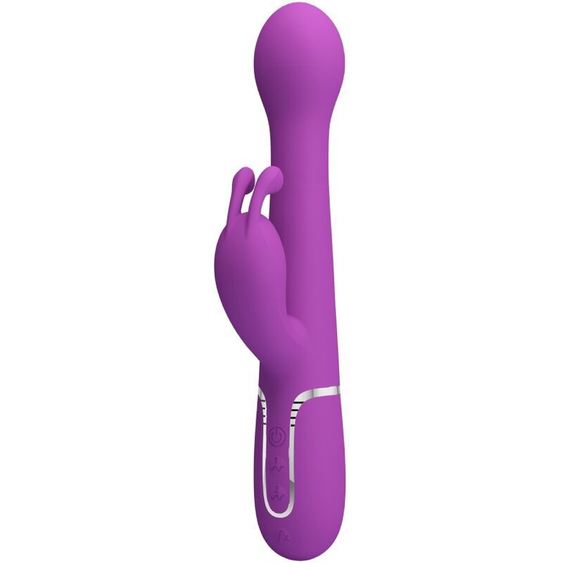 Lila Kaninchen-Vibrator mit zwei Ohren und silbernen Bedienelementen.