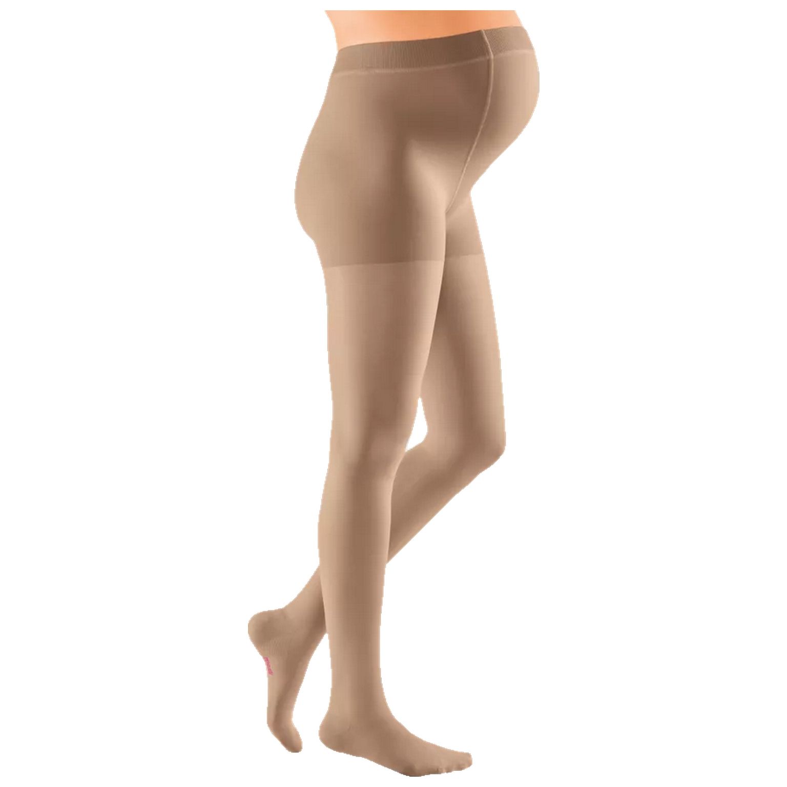 Hautfarbene Kompressions-Umstandshose. Seitliche Ansicht einer schwangeren Frau. Blick auf Bein und Fuß.