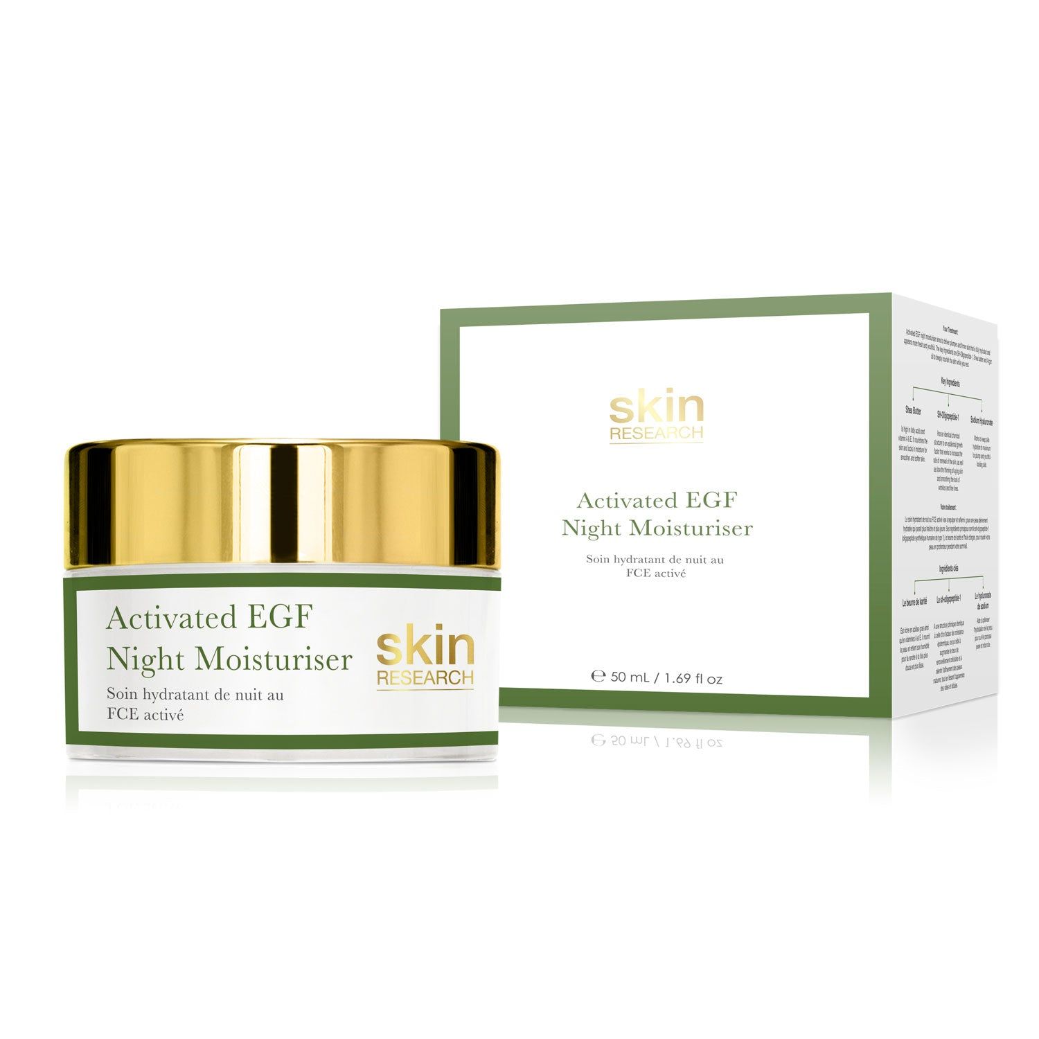 Produktverpackung mit Tiegel und Schachtel. Aufschrift: Activated EGF Night Moisturiser, Skin Research.