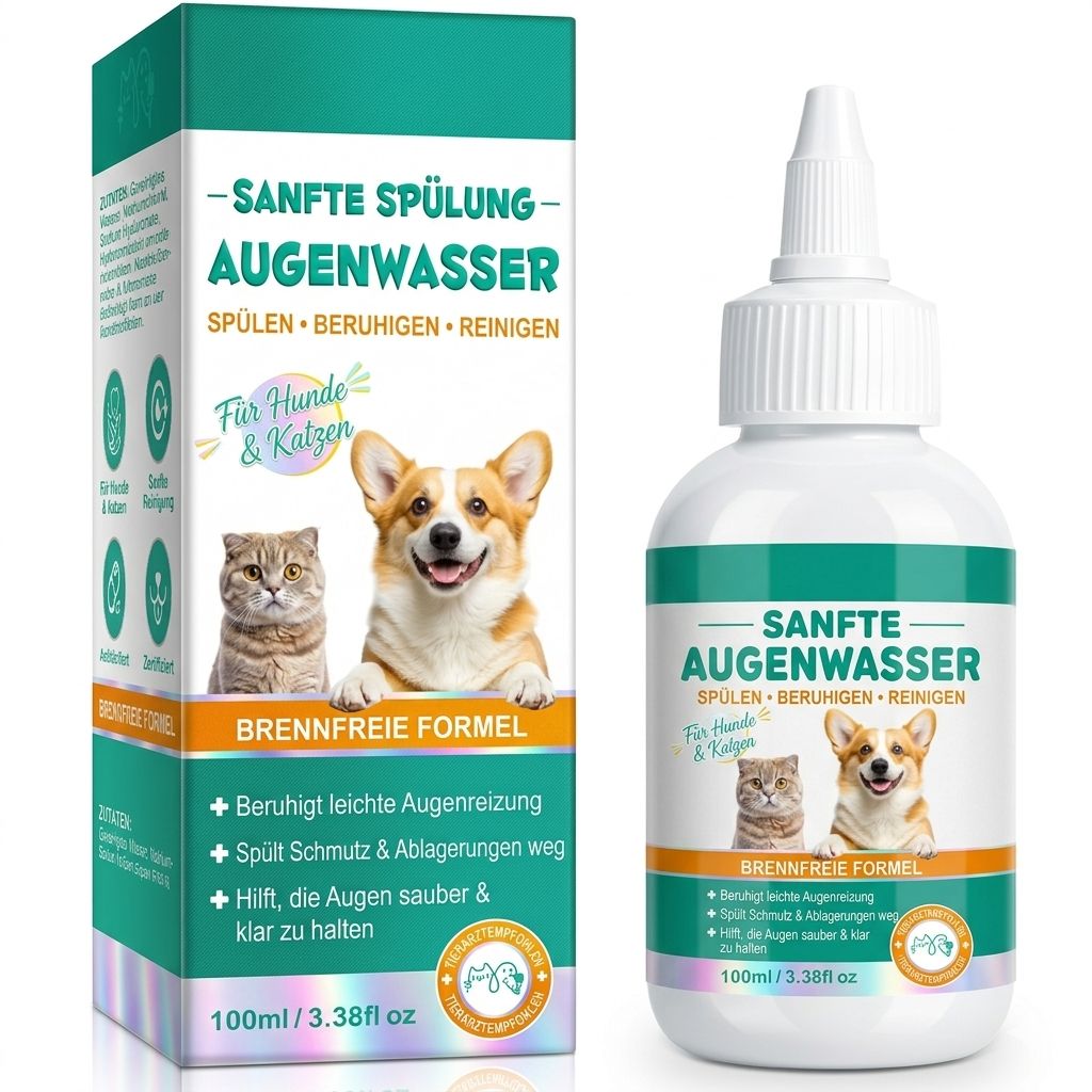 Augenwaschflasche und -Verpackung. Hunde und Katze abgebildet. Text: Sanfte Augenwäsche. Brennfreie Formel.