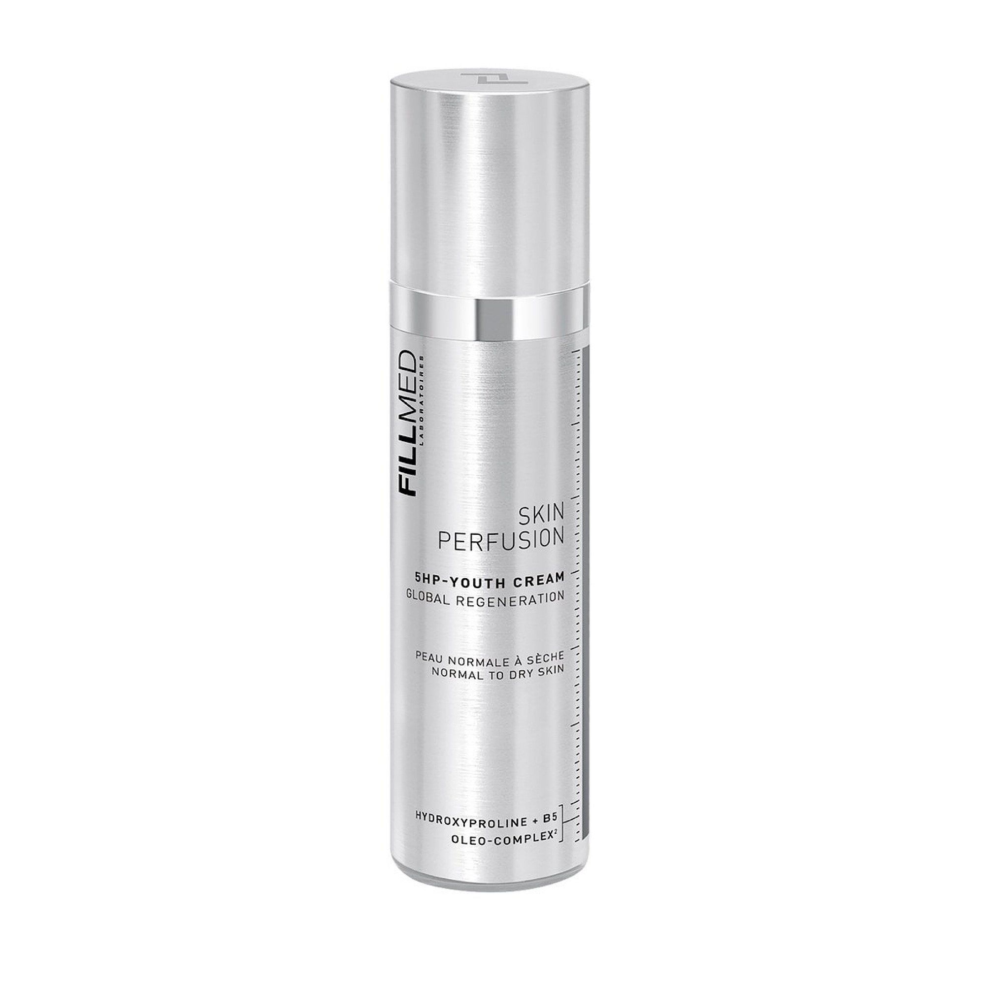 Silberfarbene Flasche mit Produktbeschriftung. Text: FILLMED, SKIN PERFUSION, SHP-YOUTH CREAM, GLOBAL REGENERATION, PEAU NORMALE A SECHE, HYDROXYPROLINE + B5, OLEO-COMPLEX.