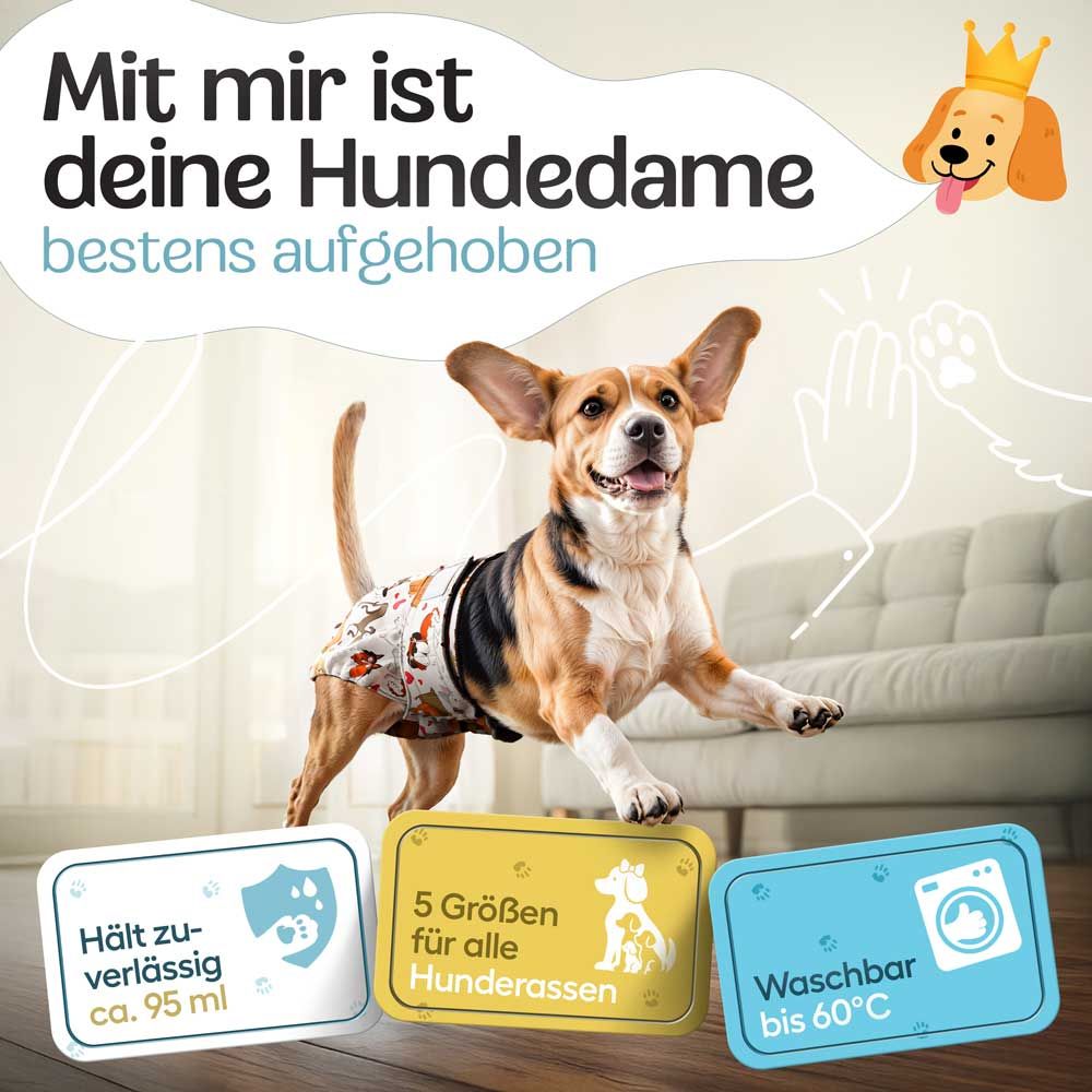 Hündin mit Windel, springt. Text: Hält ca. 95 ml, 5 Größen, waschbar bis 60°C. Hintergrund: Wohnzimmer.