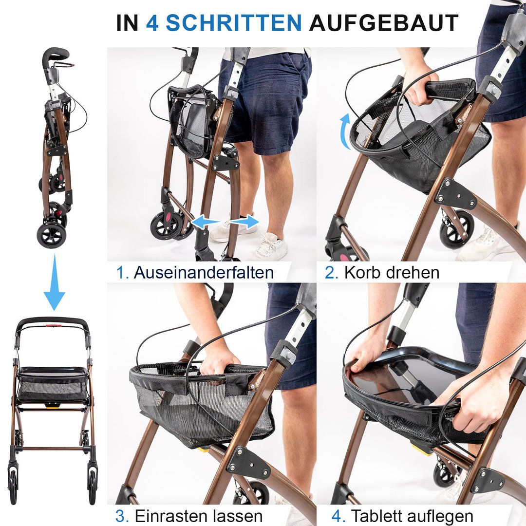 Rollator, braun, mit Korb und Griffen. In 4 Schritten aufgebaut. Anleitung zur Montage.