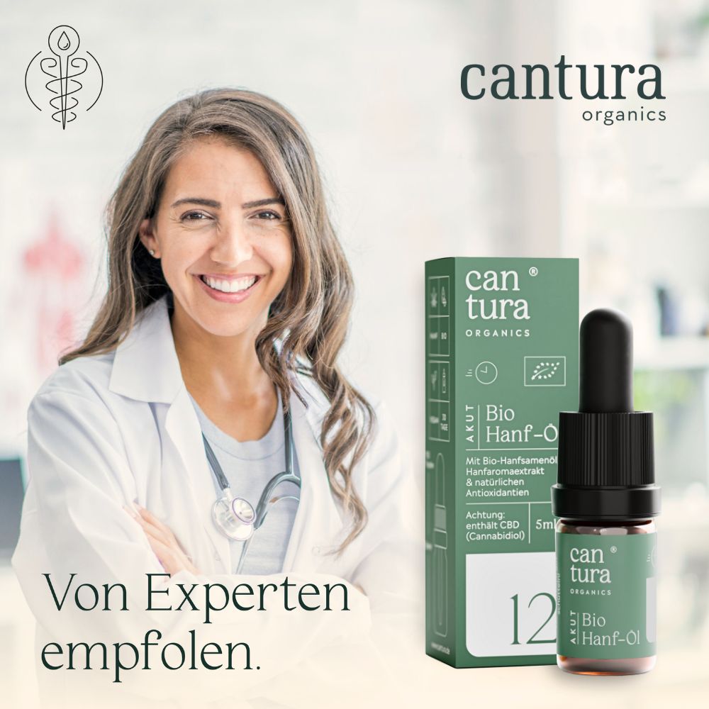 Ärztin mit Flasche und Verpackung. Aufschrift: can tura, Bio Hanf-Öl, 12. Von Experten empfohlen.