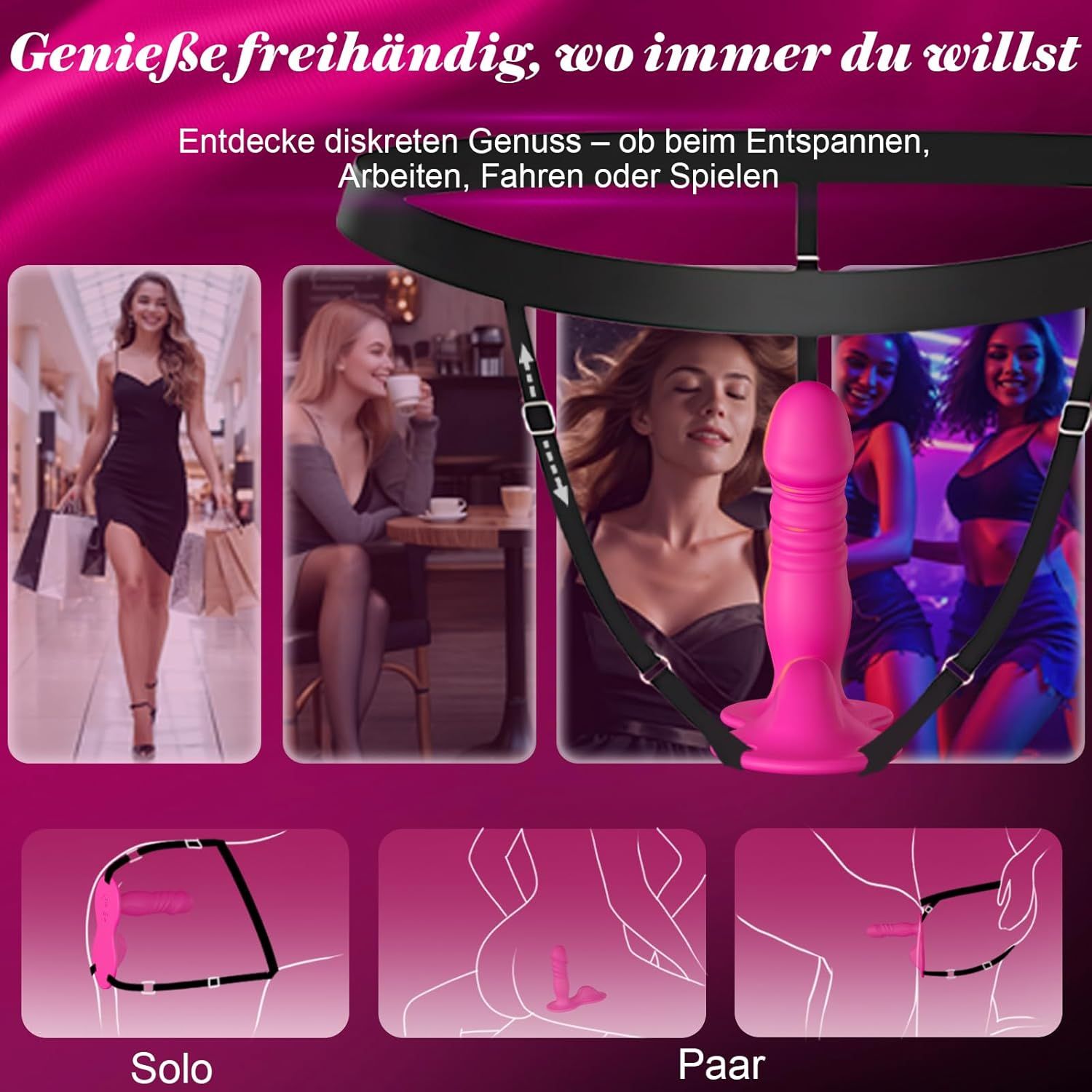 Pinkfarbener Aufsitzdildo mit Halterung. Abbildungen zeigen Anwendungsmöglichkeiten. Text: Genuss, entspannen, spielen.