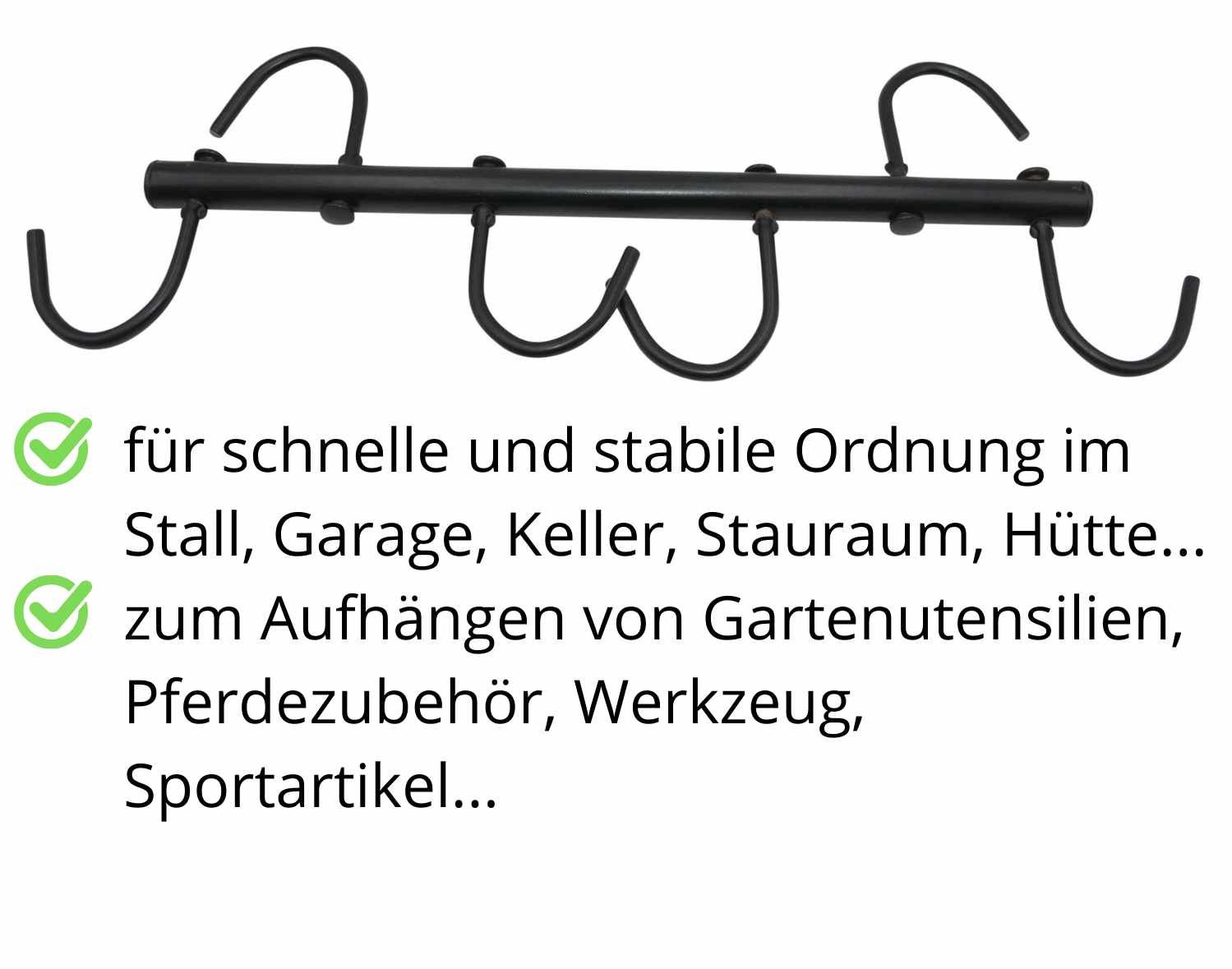 Schwarze Hängevorrichtung mit 4 Haken. Text: Für schnelle Ordnung im Stall, Garage, Keller, etc.