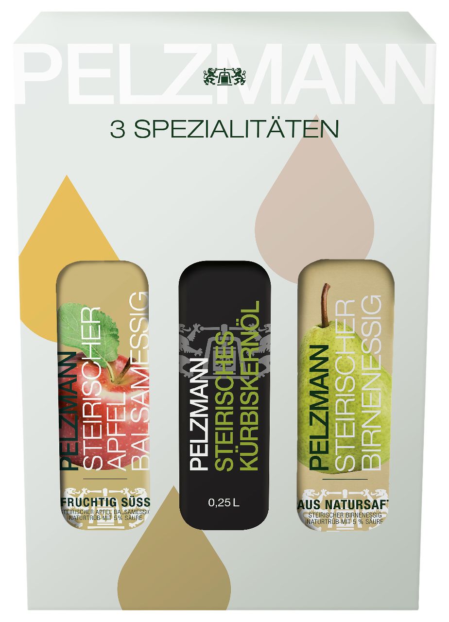 Geschenkset mit drei Spezialitäten von Pelzmann. Enthält Apfel-Balsamessig, Kürbiskernöl und Birnenessig. Verpackung mit Produktnamen und Logos.