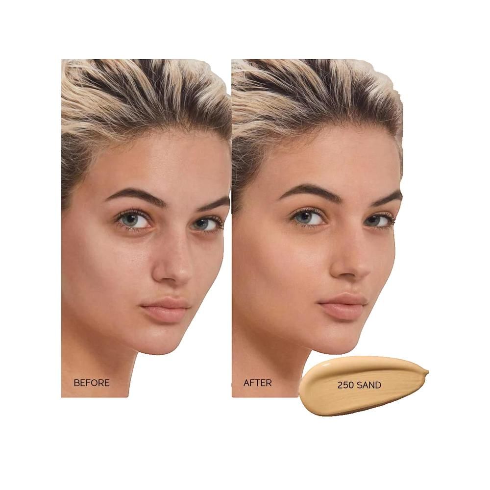 Vorher-Nachher-Vergleich. Frau mit und ohne Make-up. Farbton-Abstrich '250 SAND'.