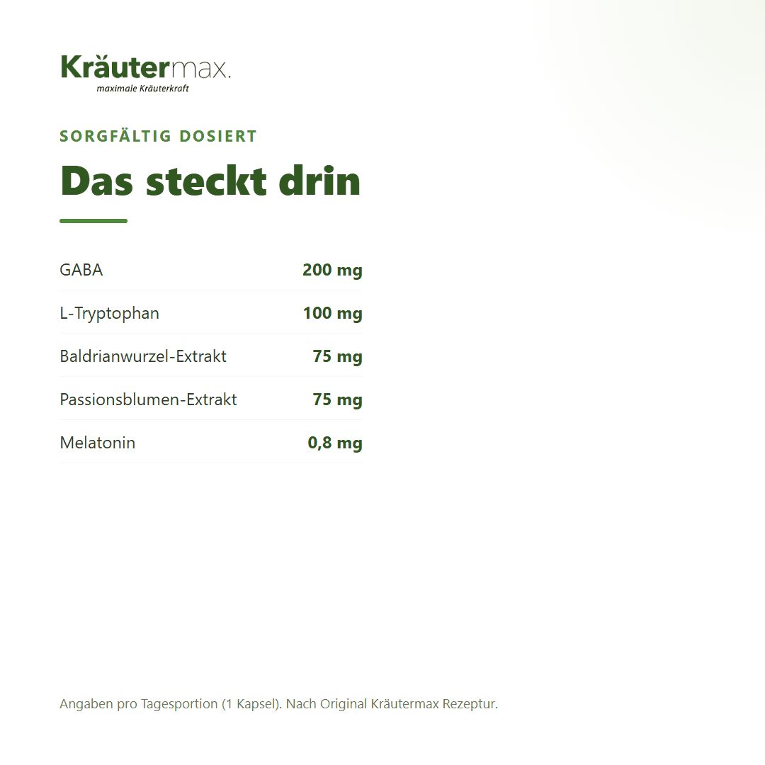 Auflistung der Inhaltsstoffe und Mengen für Kräutermax Schlaf & Relax Komplex.