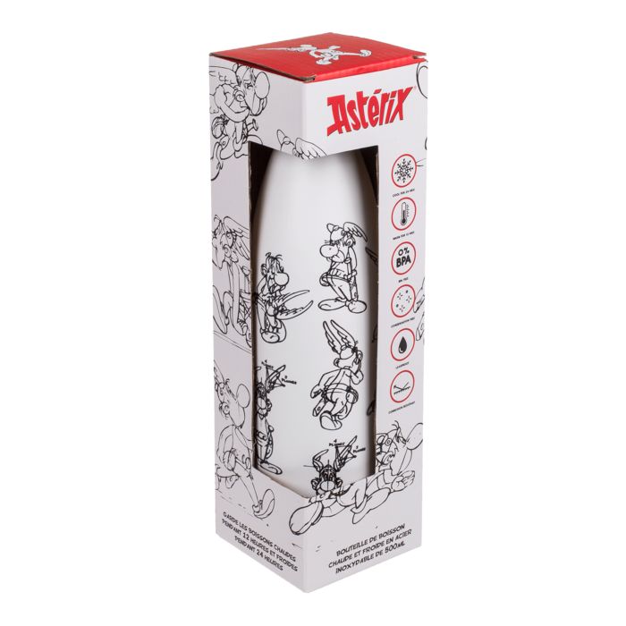 Trinkflasche in Verpackung. Weiße Flasche mit Asterix-Zeichnungen. Roter Deckel.