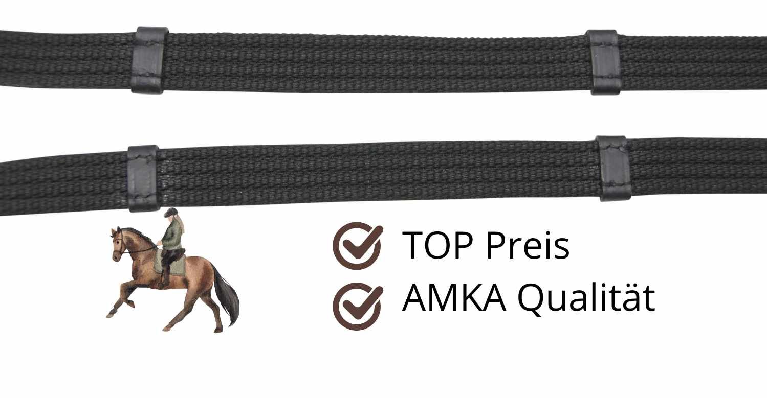 Schwarze Gurtzügel mit Reiter und Pferd. Text: TOP Preis, AMKA Qualität.