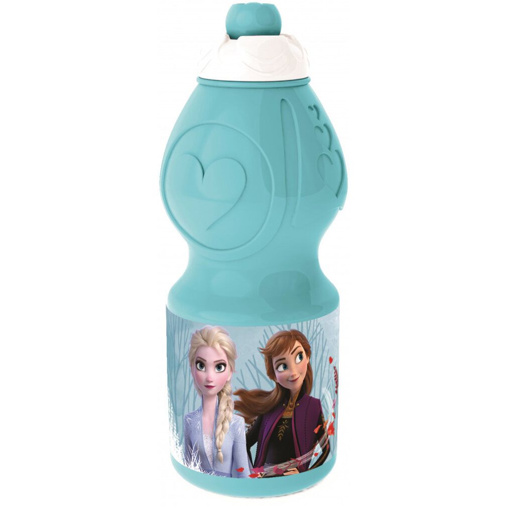 Türkisgrüne Trinkflasche mit weißem Deckel. Abbildung von Elsa und Anna. Herzförmiges Design. Kunststoff.