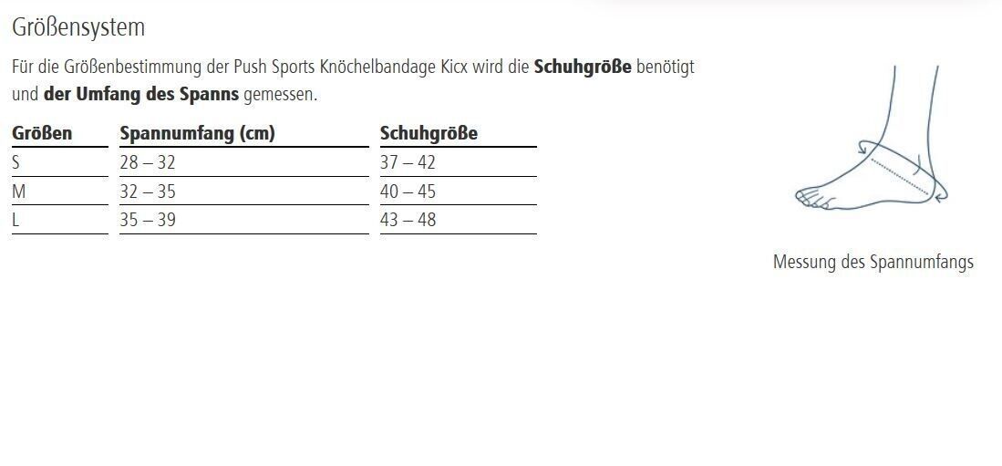 Größentabelle für die OFA Push Sports Knöchelbandage Kicx. Größen S, M, L mit Spannumfang in cm und Schuhgrößen.