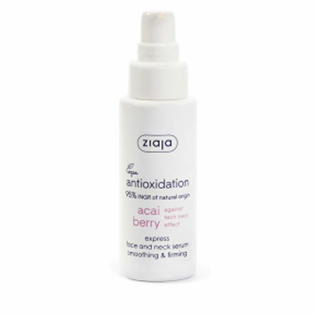 Weiße Flasche mit Zerstäuber. Aufschrift: Ziaja, antioxidative Wirkung, Acai-Beere, Express-Gesichts- und Hals-Serum.