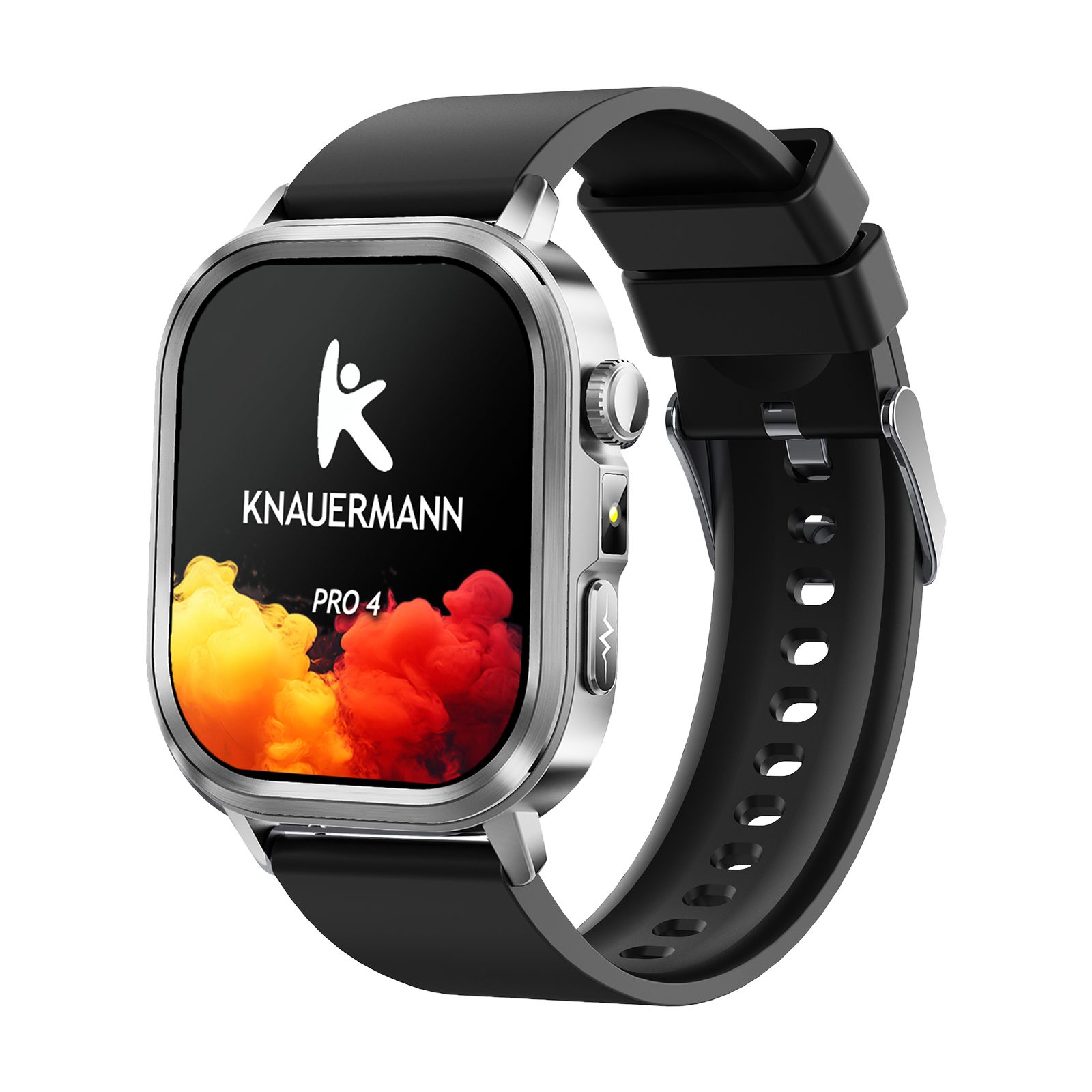 Smartwatch mit schwarzem Armband und silbernem Gehäuse. Display mit Logo und PRO 4 Schriftzug. Seitliche Knöpfe.