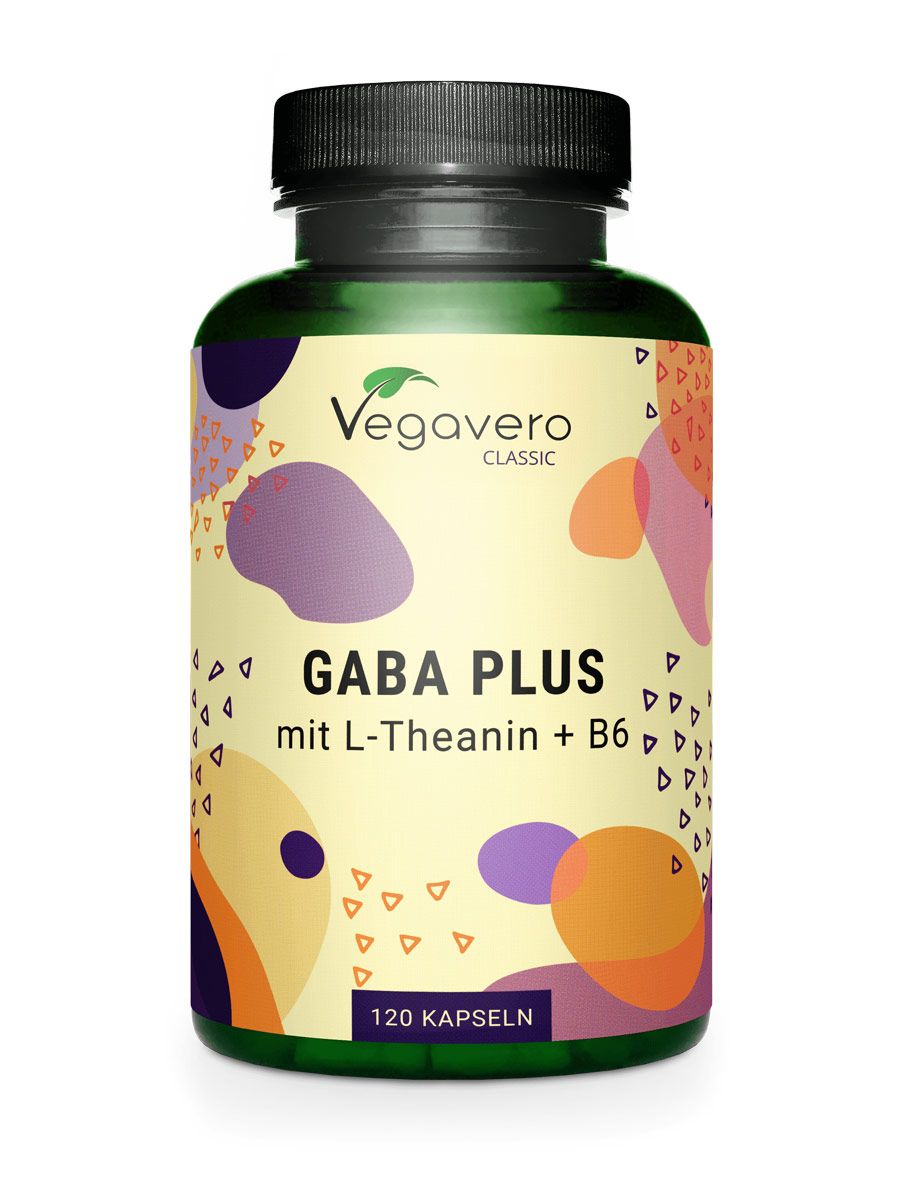 Grüne Flasche mit schwarzen Deckel. Aufschrift: GABA PLUS mit L-Theanin + B6. 120 Kapseln. Vegavaro Classic Logo.
