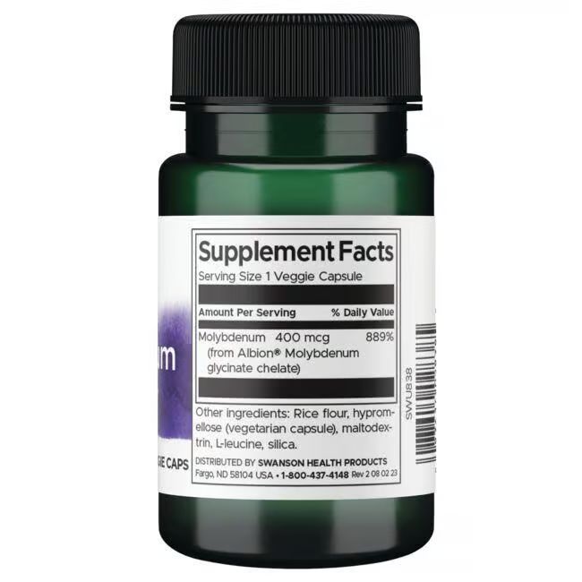 Rückseite der grünen Flasche. Etikett mit Nährwertangaben: Molybdän 400 mcg. Zutaten: Reismehl, Hypromellose, L-Leucin.
