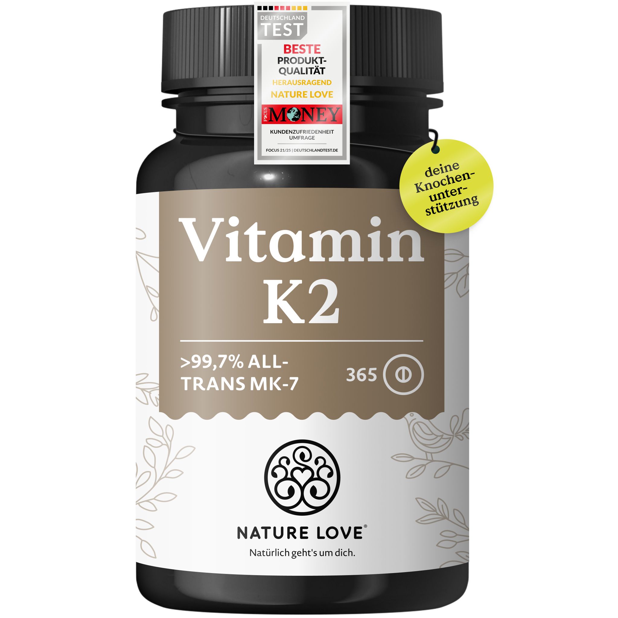 Flasche Vitamin K2 von Nature Love mit 365 Kapseln.
