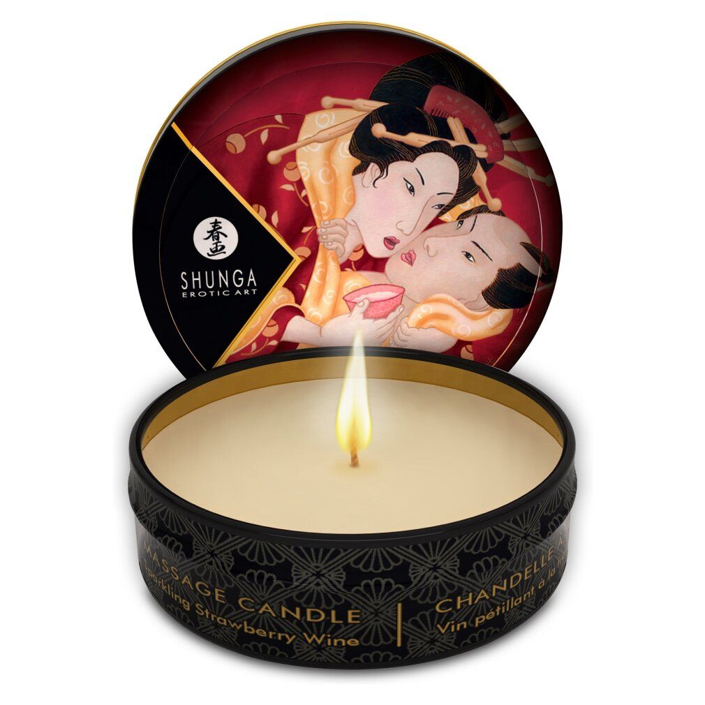 Shunga Massagekerze Romance/Sparkl. Erdbeerwein, 6 Stück. Mit Flamme.
