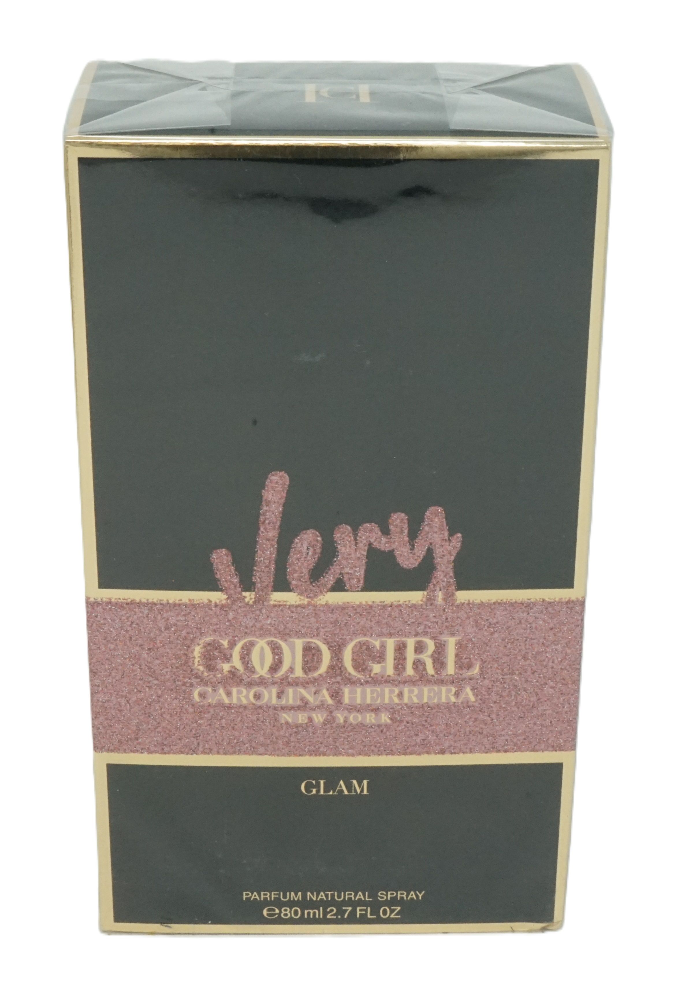 Schwarze Produktverpackung mit rosa Glitzerdetails. Text: Very Good Girl Glam, Carolina Herrera, Glam, Parfum Natural Spray.