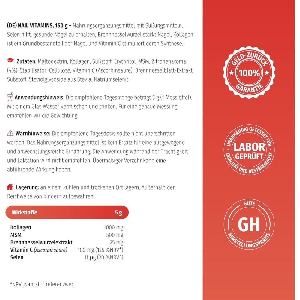 Dose Nagel Vitamine mit detaillierten Inhaltsstoffen und Qualitätszertifikaten.