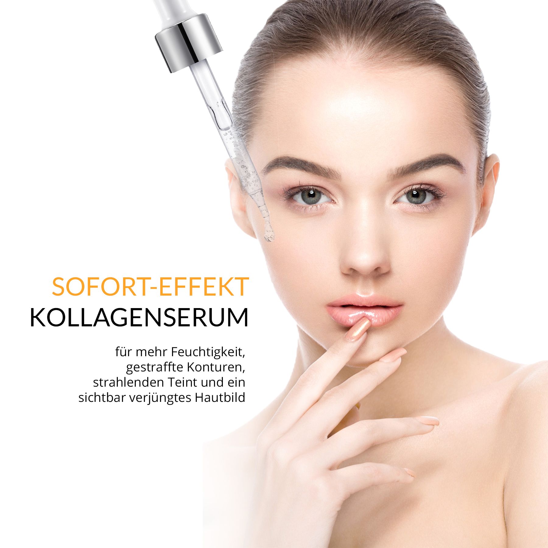 Frau mit Serum. Text: Sofort-Effekt Kollagenserum. Für mehr Feuchtigkeit, gestraffte Konturen, strahlenden Teint und ein sichtbar verjüngtes Hautbild.