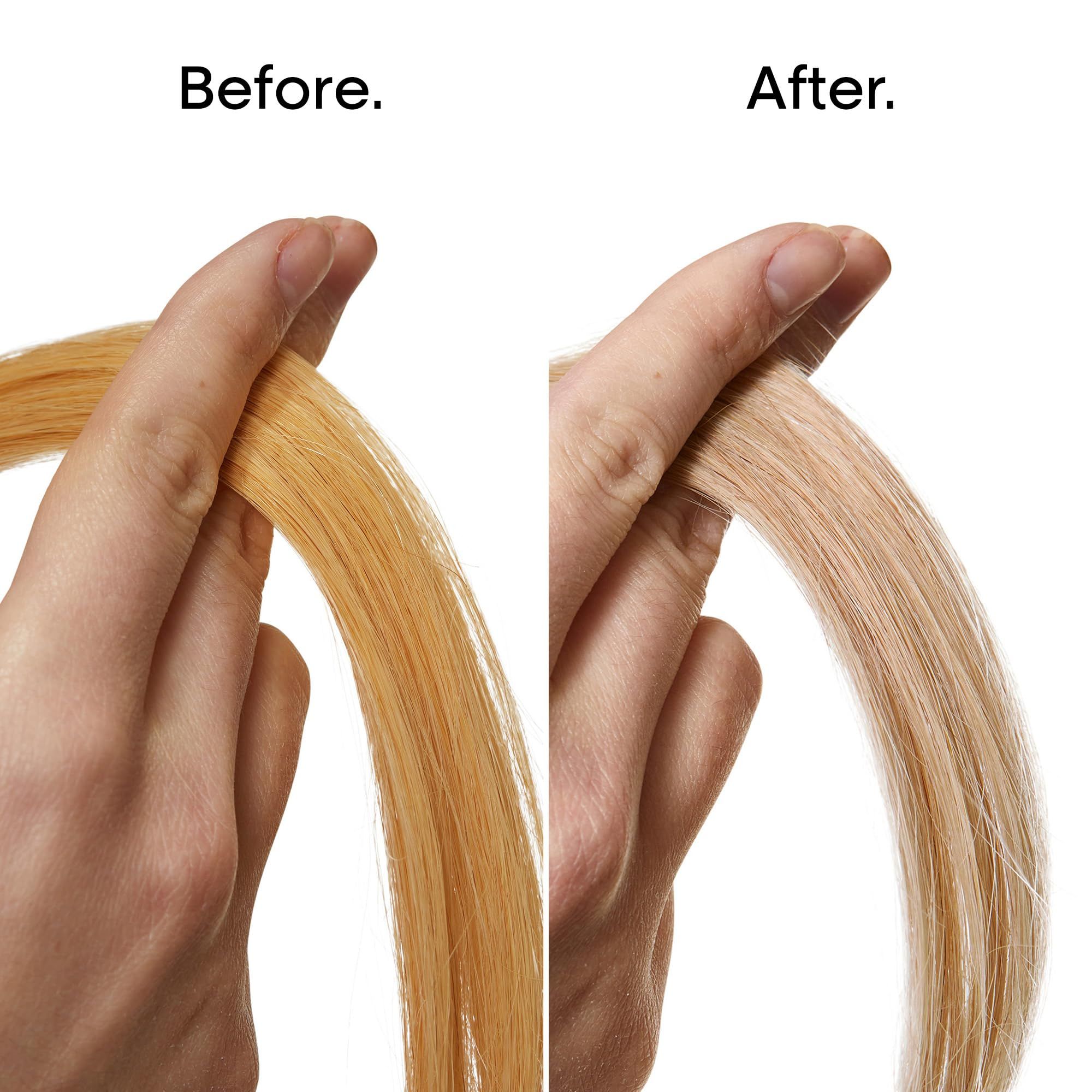 Vergleich von blondem Haar vor und nach der Anwendung. Das Haar wird von gelblich zu einem helleren Farbton aufgehellt.