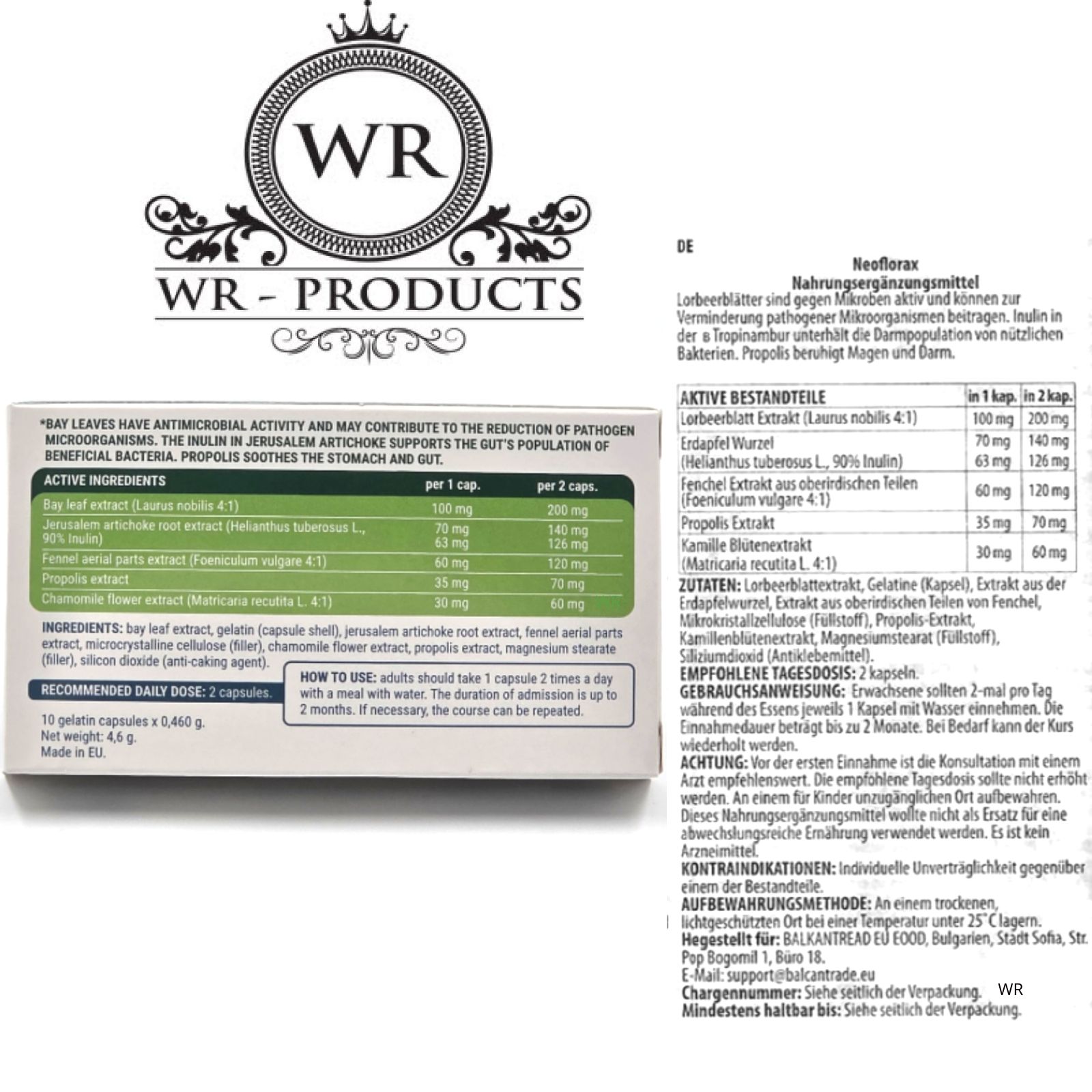 Beipackzettel mit Produktinformationen. Enthält Informationen zu Inhaltsstoffen, Dosierung und Warnhinweisen. Logo: WR-PRODUCTS.
