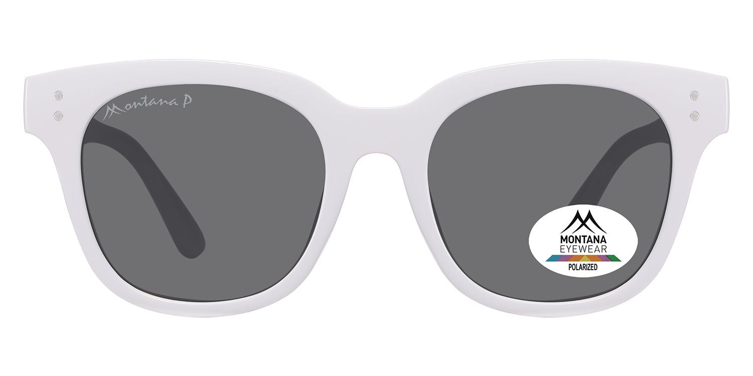 Weiße Sonnenbrille mit grauen Gläsern. Montana Eyewear Logo und Polarisationsaufkleber. Runde Form.