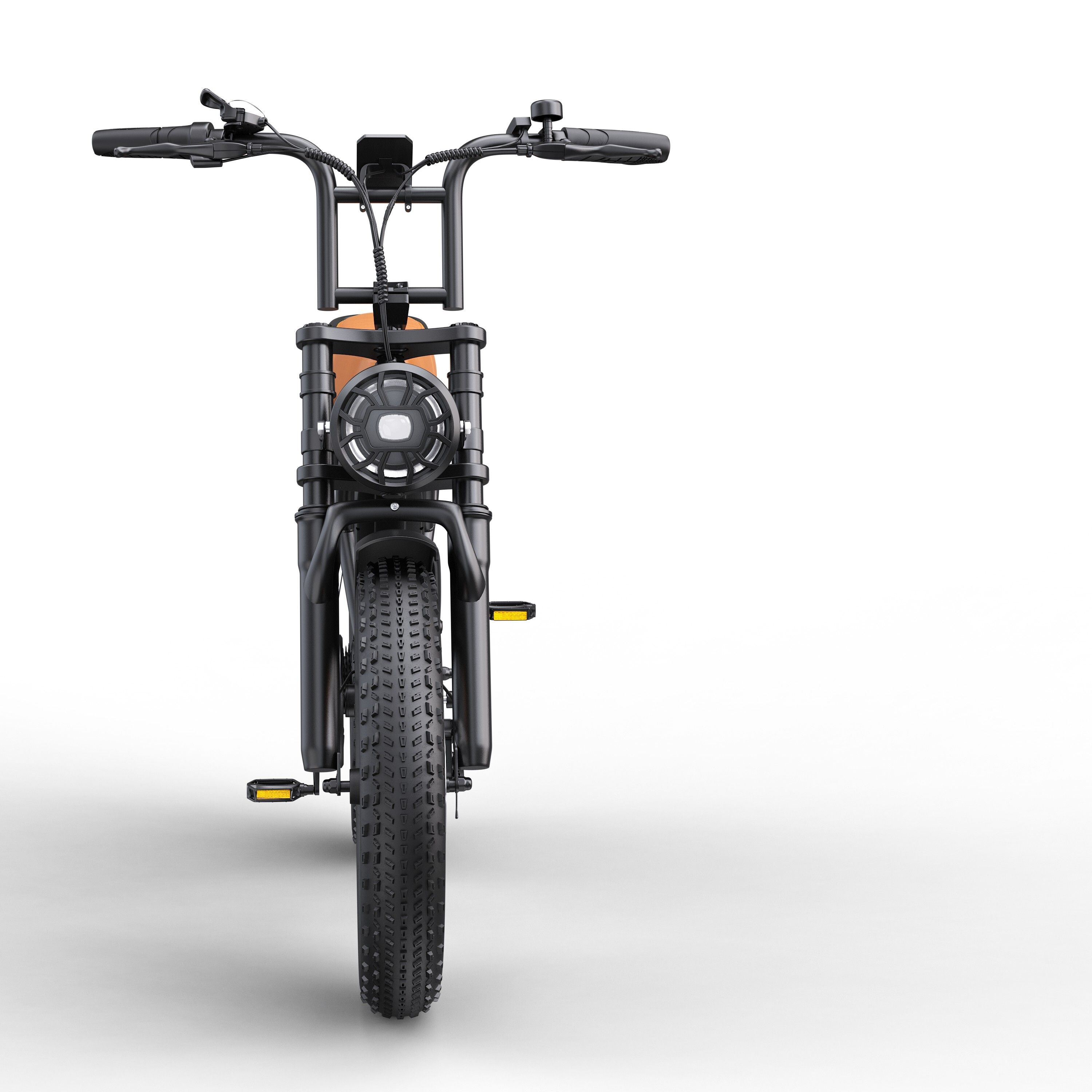 Schwarzes E-Bike mit braunem Sattel. Breitreifen, Scheinwerfer, Gepäckträger. 7-Gang-Getriebe.