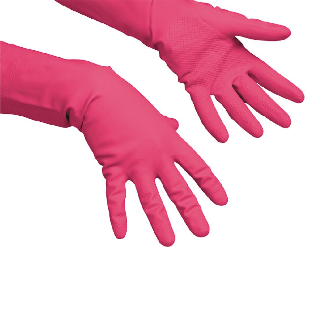 Zwei pinkfarbene Gummihandschuhe. Die Handflächen haben ein strukturiertes Muster. Lange Stulpen.