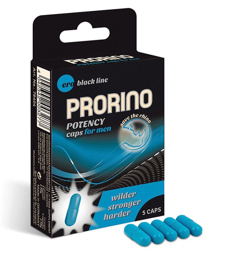 Prorino Potency Caps for men. Black box with blue accents. Contains 5 blue capsules. Text: "wilder, stronger, harder".