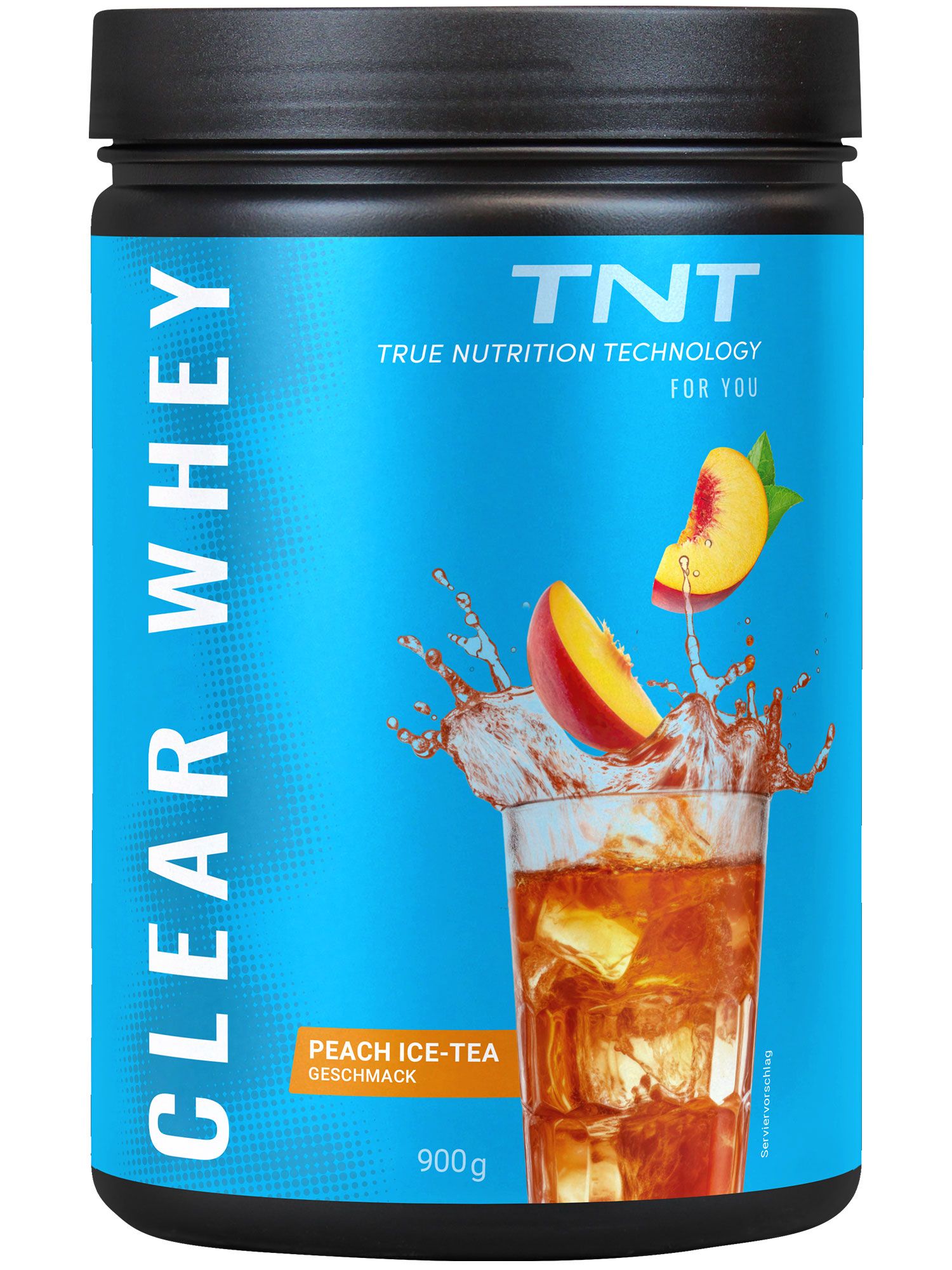 Schwarze Dose mit TNT CLEAR WHEY, Pfirsich-Eistee-Geschmack. 900g. Abbildung von Pfirsich und Getränk.