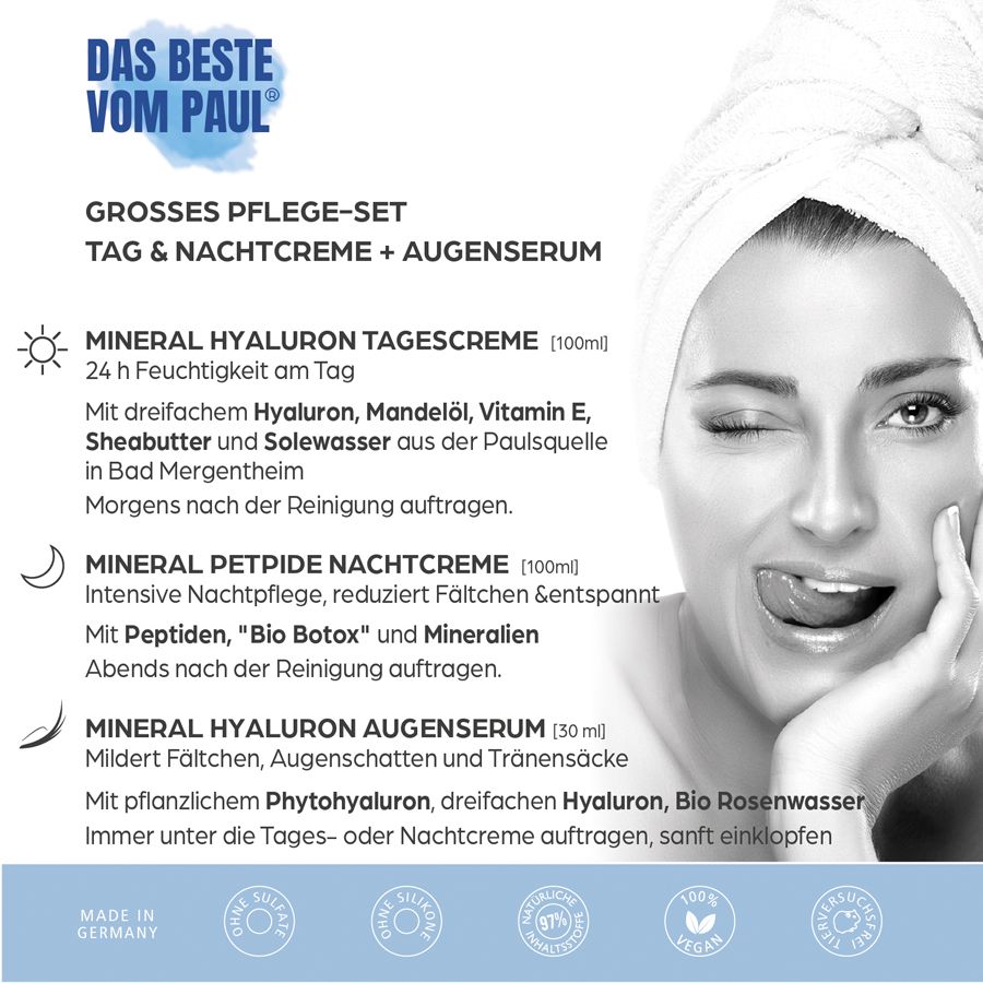 Produktbeschreibung mit Frau mit Handtuch. Produkte: Tagescreme, Nachtcreme, Augenserum. Text: Großes Pflege-Set, Inhaltsstoffe.