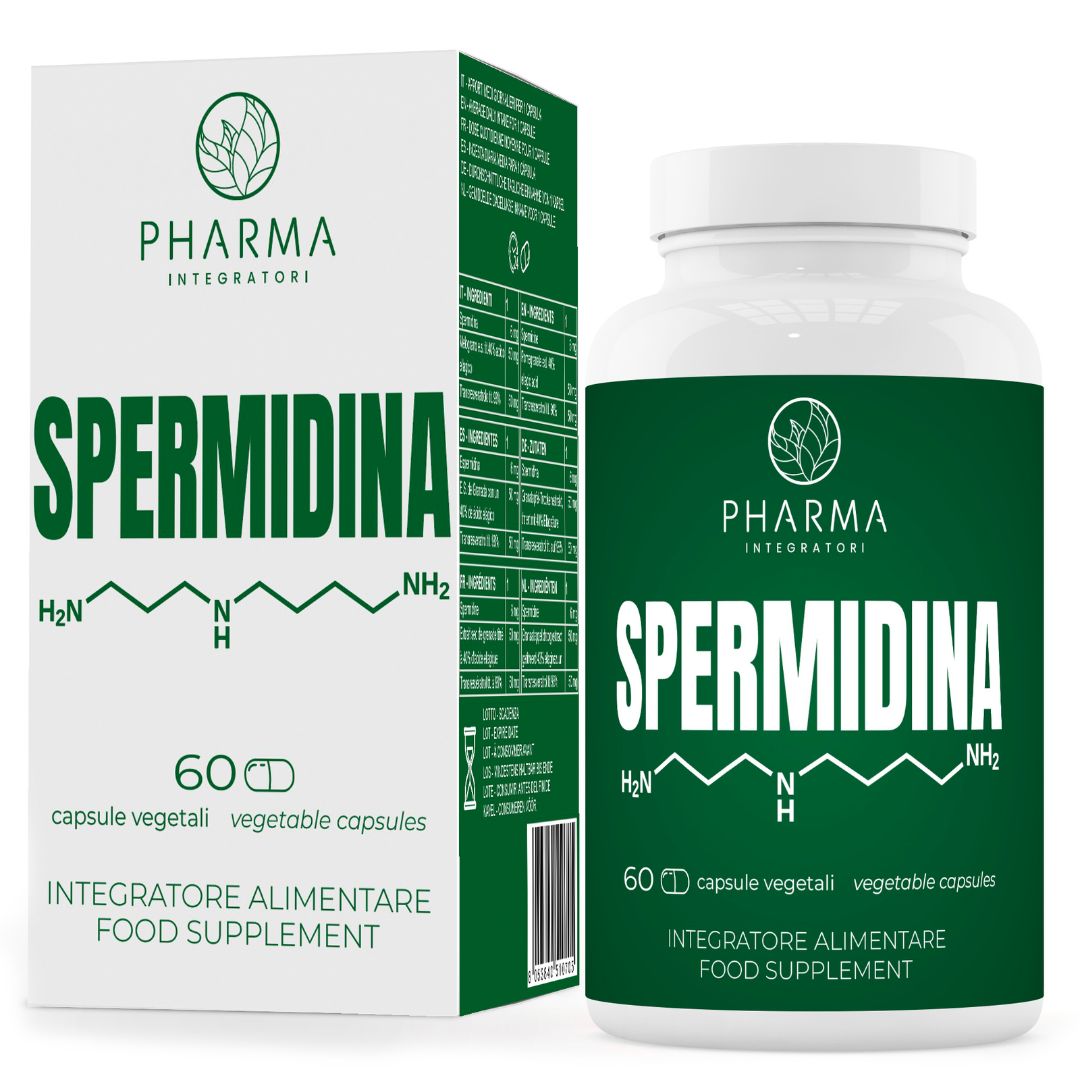 Pharma Integratori Spermidina Dose mit Schachtel. Enthält Spermidin, Granatapfel und Transresveratrol.