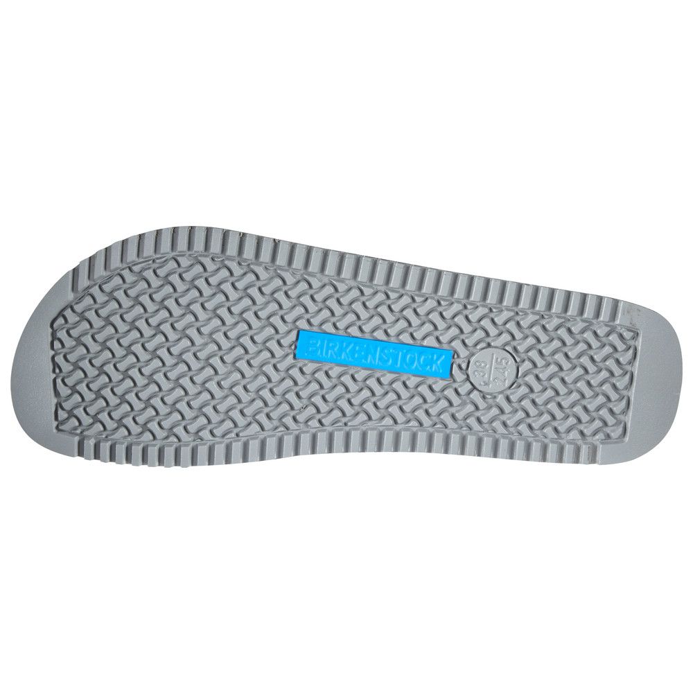 Clog-Sohle, grau mit Profil. Blaue Aufschrift: BIRKENSTOCK. Logo und Größenangabe.