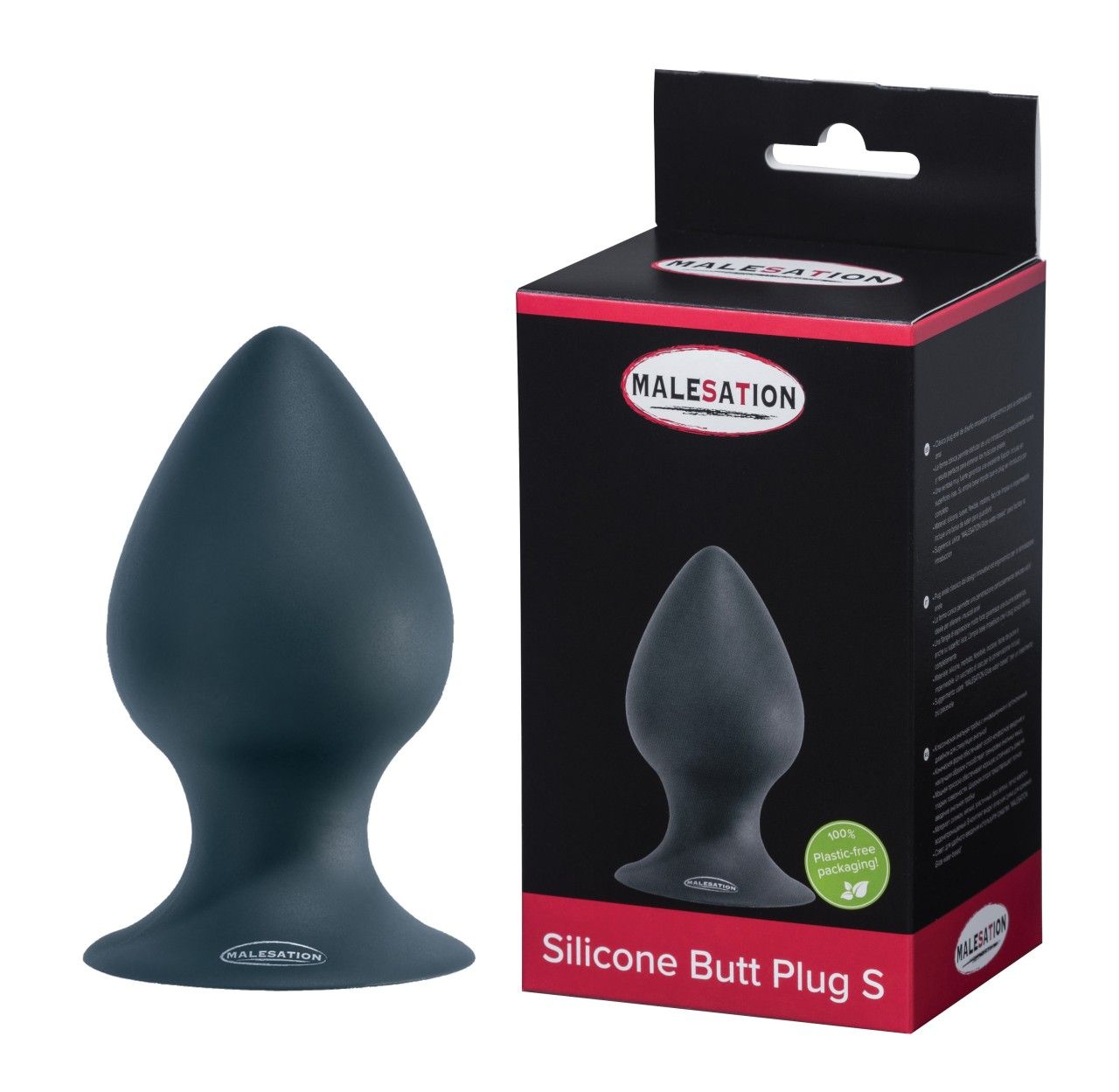 Dunkelgrauer Silikon-Analplug mit breiter Basis und spitz zulaufender Form. Neben der Verpackung.