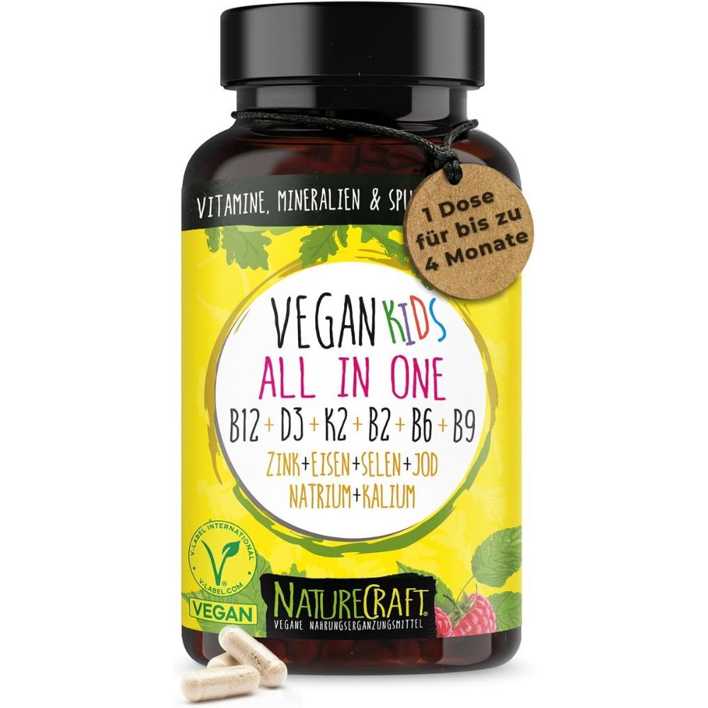 Braune Flasche mit schwarzen Deckel. Aufkleber mit Produktnamen und Inhaltsstoffen. Vegan-Siegel.
