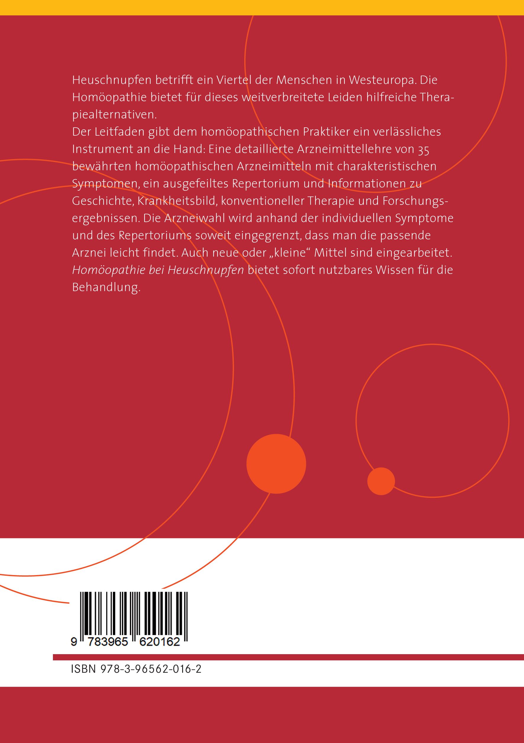 Rückseite des Buches "Homöopathie bei Heuschnupfen". Text, ISBN, Verlag. Roter Hintergrund, Kreise.