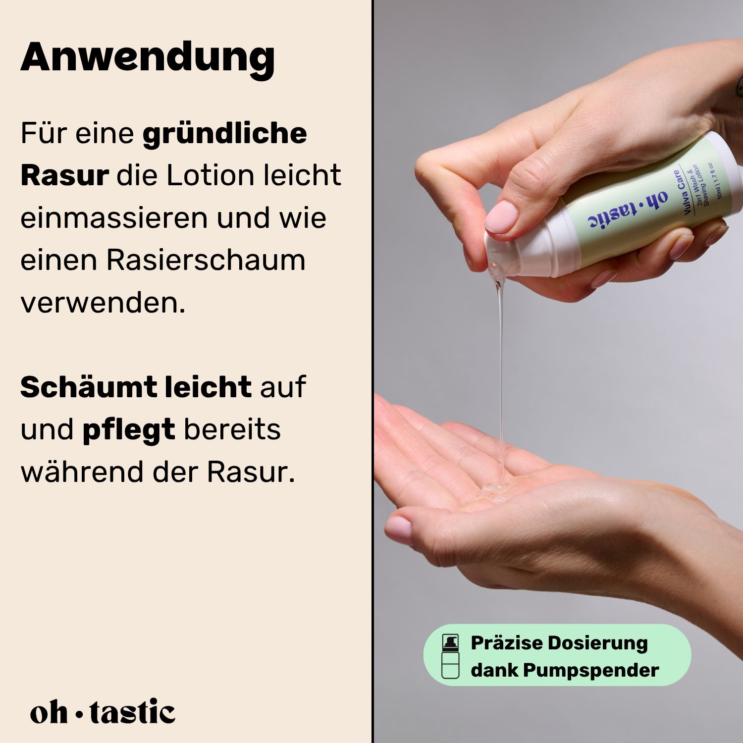 Hände halten Produkt. Text: Anwendung. Präzise Dosierung dank Pumpspender. Produktlogo.