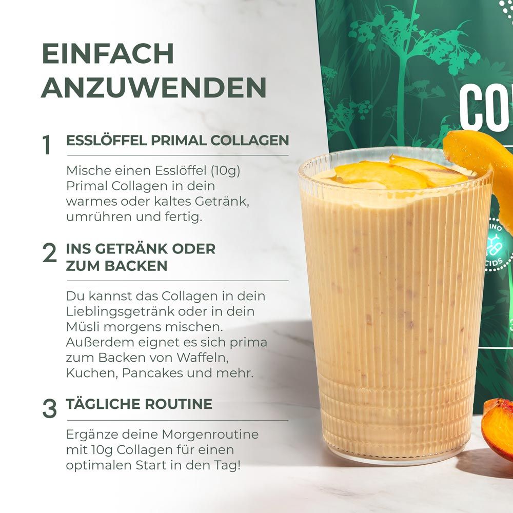 Glas mit Smoothie und Pfirsichstücken. Text: 1 Esslöffel Primal Collagen, ins Getränk oder zum Backen, tägliche Routine.