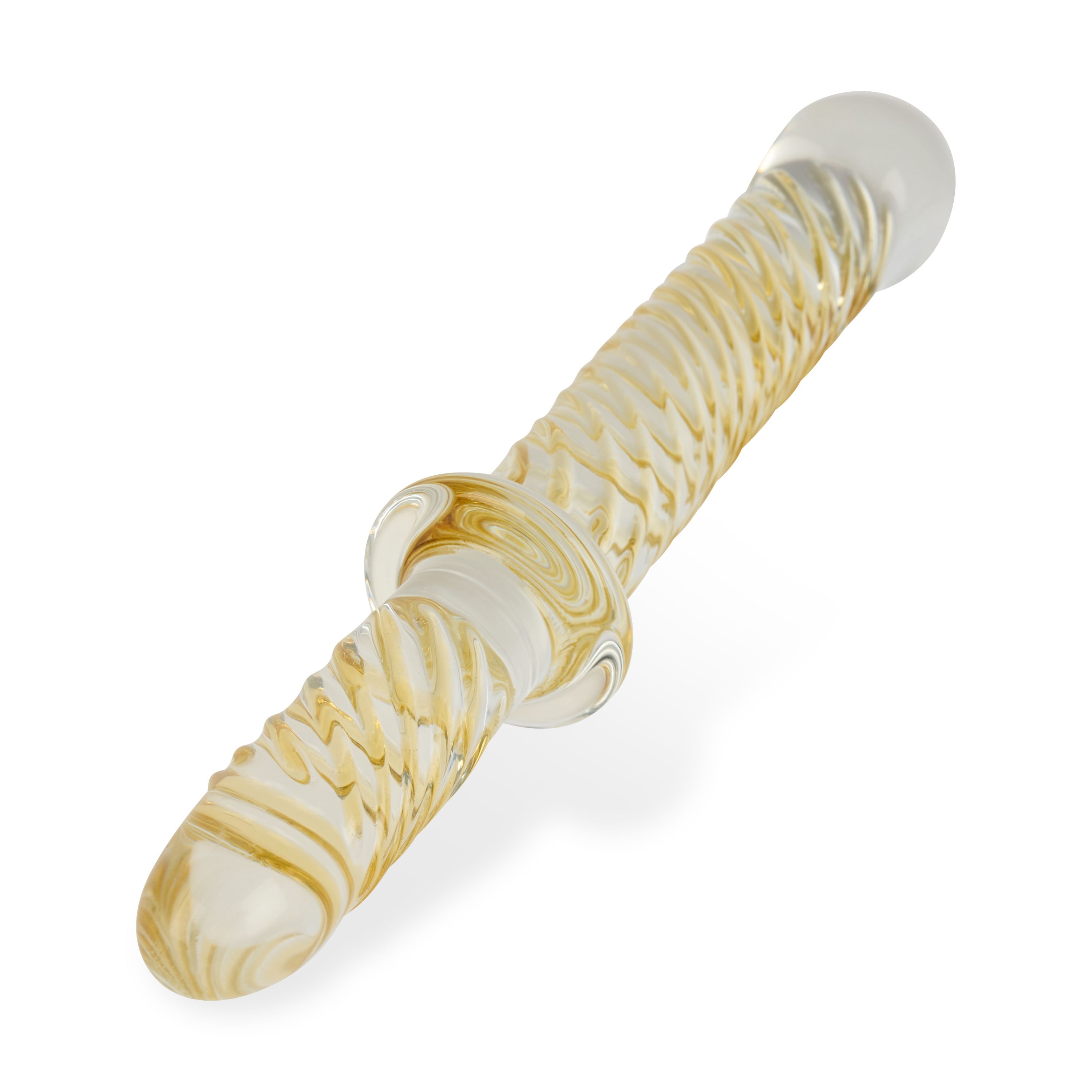 Glas-Stimulator mit geriffelter Oberfläche und abgerundeten Enden. Gelb-weißes Design mit einem Ring in der Mitte.