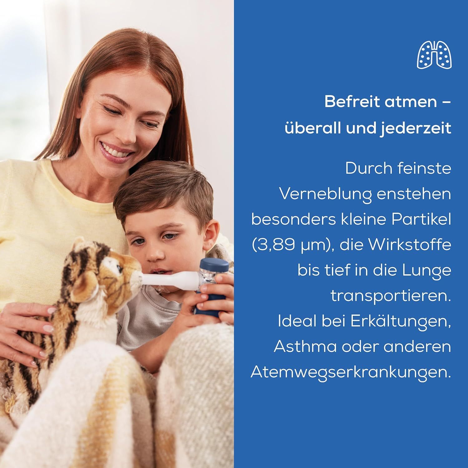 Mutter und Kind inhalieren. Text: Befreit atmen – überall und jederzeit. Durch feine Vernebelung entstehen kleine Partikel.